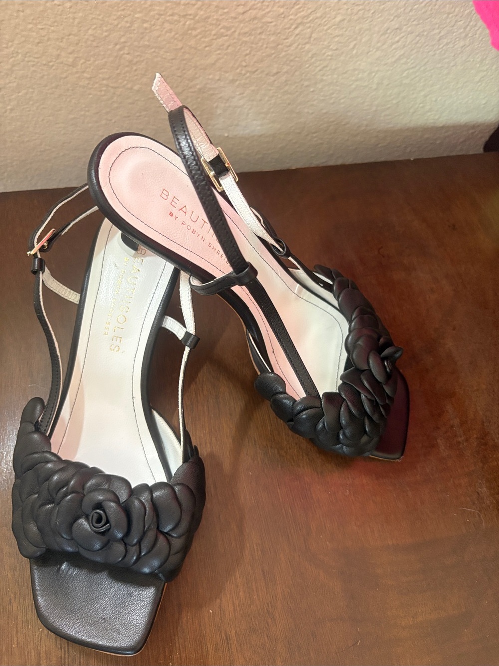 Beautiisoles Robyn Shreiber Black Braided Rose Slingback Sandals 9.5